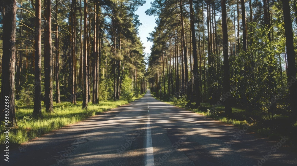 Naklejka premium A sunny day with a long deserted road flanked by tall trees