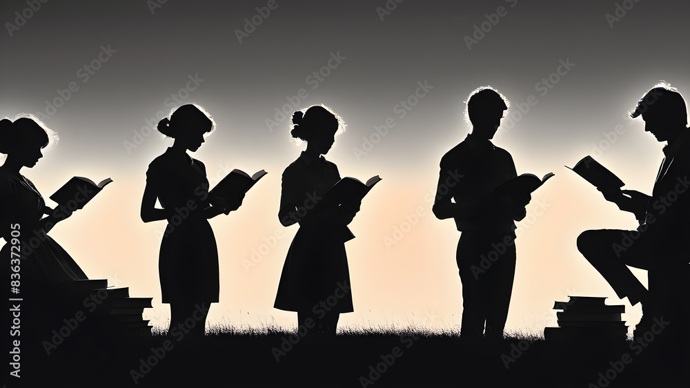 Silhouettes of people with a book. Generative AI Silhouettes of people with a book. Generative AI