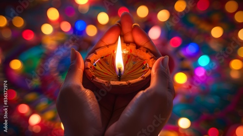 diwali festival of lights , hands holding indian oil lamp. 