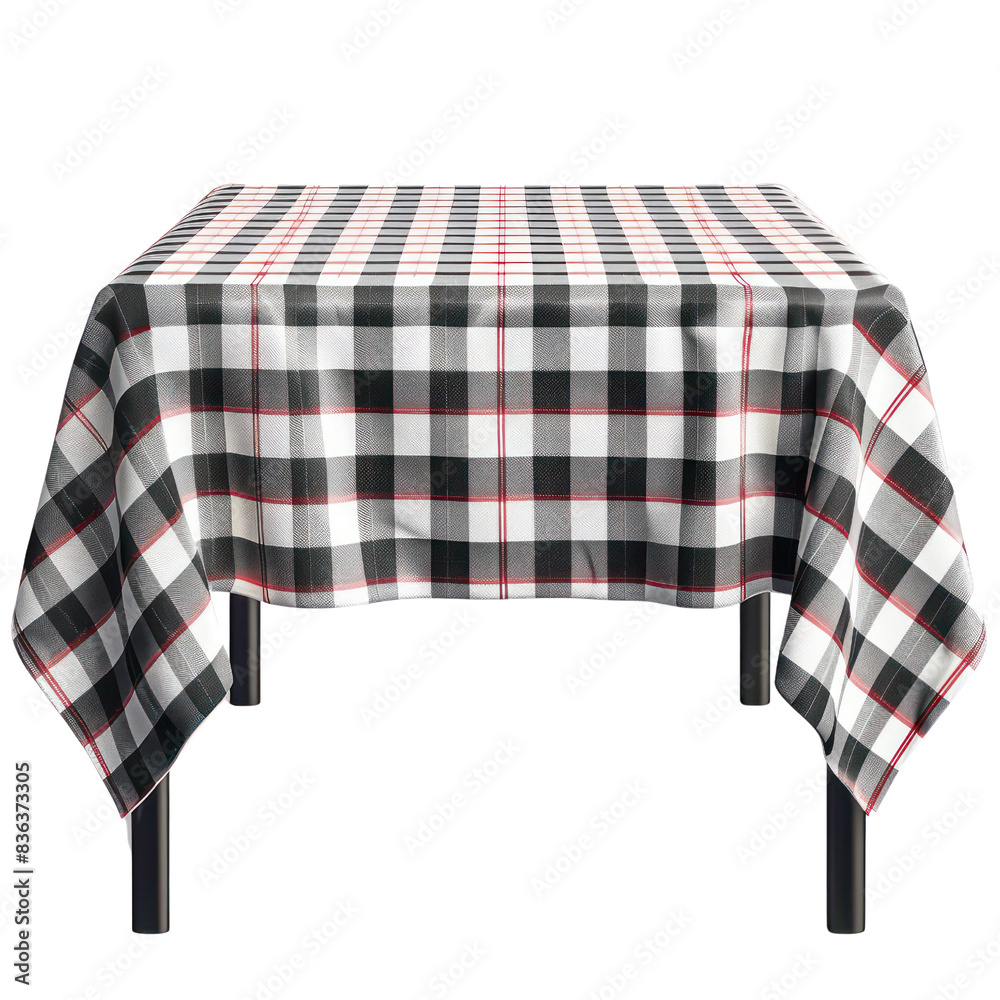Checkered tablecloth with black, red, and white pattern on a rectangular table, perfect for kitchens, dining rooms, and picnic settings. transparent backgrounds Checkered tablecloth with black, red, and white pattern on a rectangular table, perfect for kitchens, dining rooms, and picnic settings. transparent backgrounds
