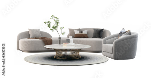 Modern white sofa and armchair set for living room.Isolated PNG