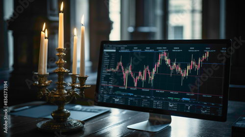 /imagine A close-up shot of a computer screen displaying a candlestick chart with intricate patterns and trends. photo