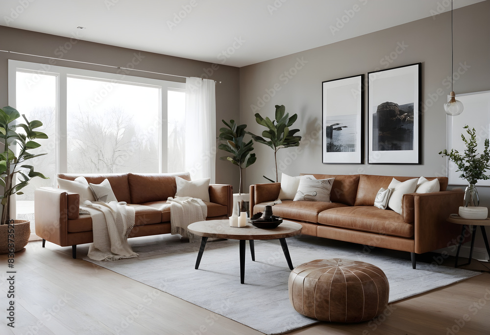Elegant and cozy living room design featuring tan leather couch, stylish decor, lush green plants, and large windows with natural scenery Elegant and cozy living room design featuring tan leather couch, stylish decor, lush green plants, and large windows with natural scenery