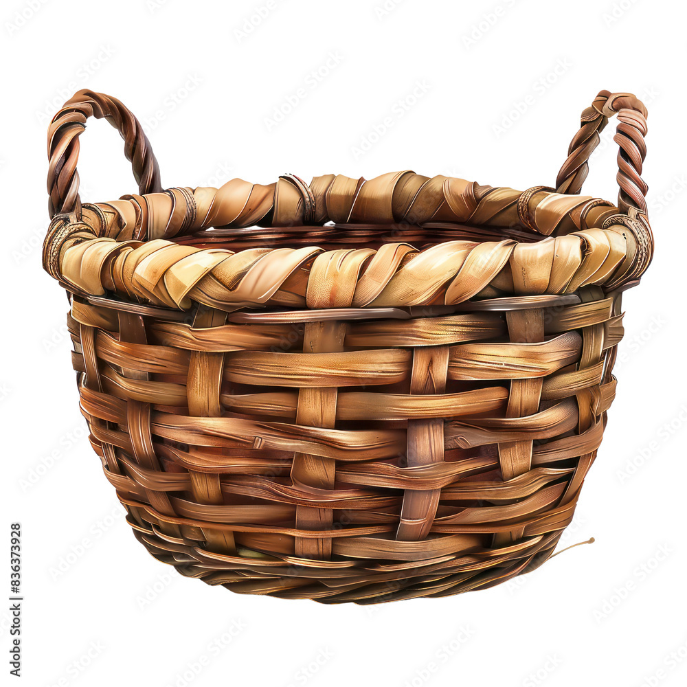 Obraz premium Close-up of a rustic woven basket with handles made of natural materials, perfect for storage or decoration in a cozy home setting. transparent backgrounds