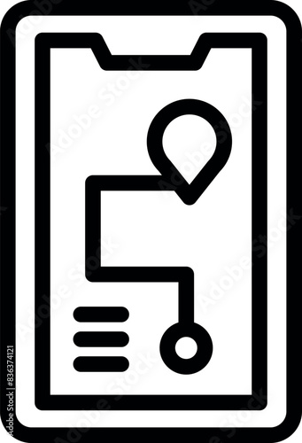 Black outline of a smartphone with map and location pin icon, depicting gps navigation