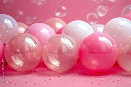 Pink and white balloons shiny and reflect light © Romashka