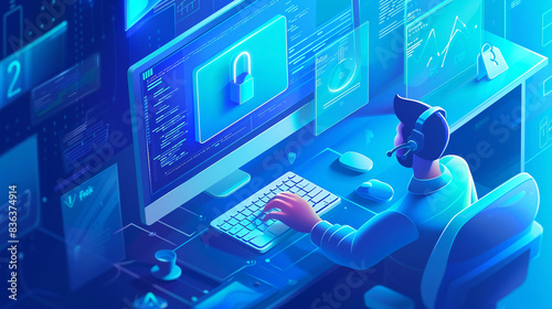 Illustration highlighting cyber security online depicting cybersecurity concept on the internet with a user entering a password on a computer for secure access