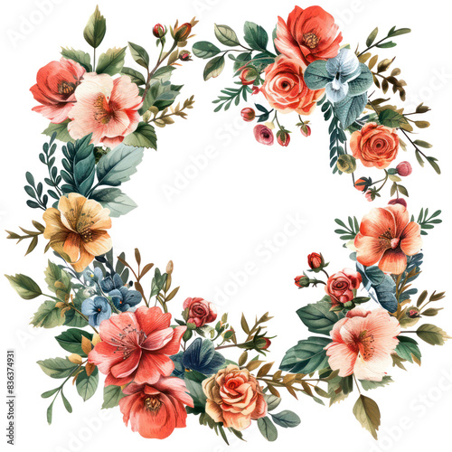 Floral wreath with colorful flowers and green leaves, perfect for decorative and design projects. transparent backgrounds