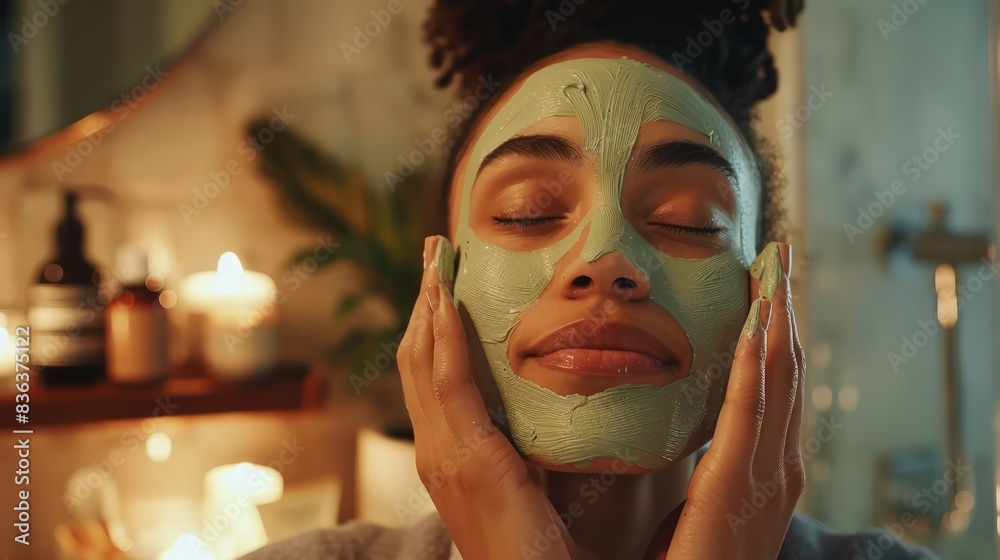 A woman is applying a green face mask A woman is applying a green face mask