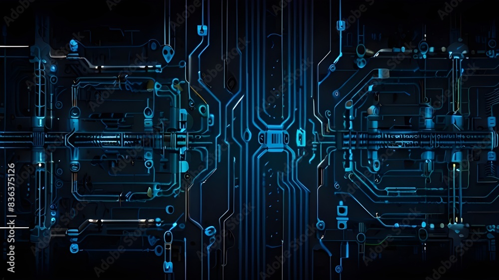 Fototapeta premium Blue Engine Dynamics: Futuristic Circuit Design, AI-generated image of amazing blue circuit line with technology. Circuit Engine in Action. Blue Lines of Innovation. 