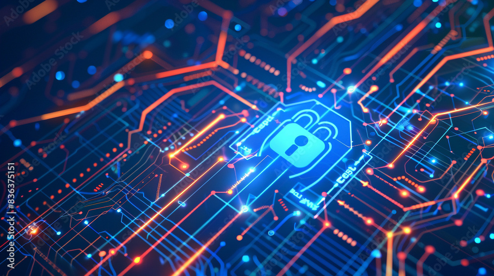 Illustration of cyber security and digital data protection featuring an icon graphic interface displaying secure firewall technology for online data access defense against hackers Illustration of cyber security and digital data protection featuring an icon graphic interface displaying secure firewall technology for online data access defense against hackers