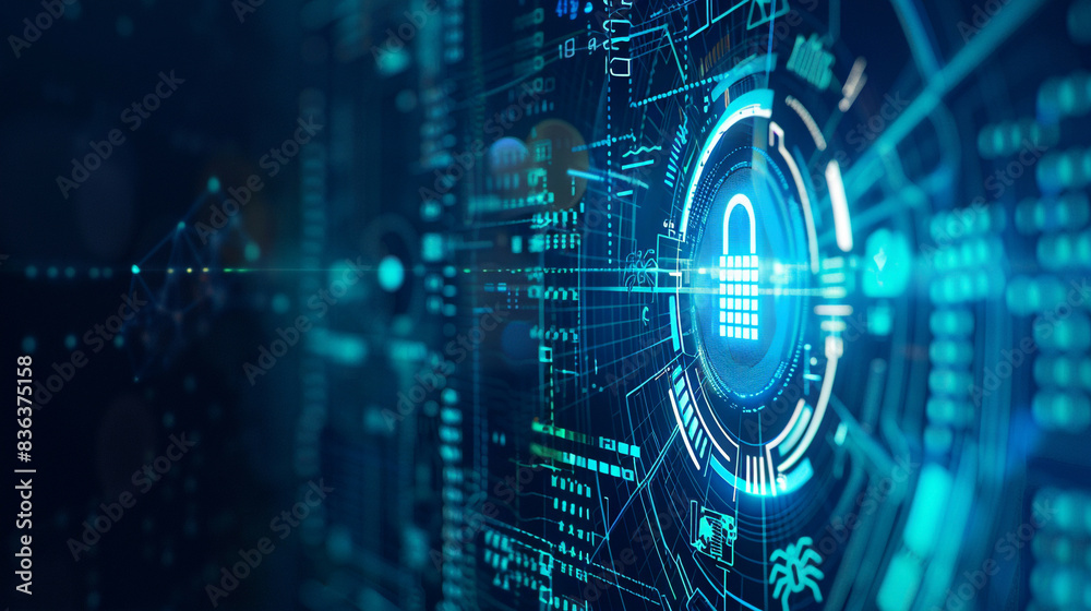Fototapeta premium Illustration of cyber security and digital data protection featuring an icon graphic interface displaying secure firewall technology for online data access defense against hackers