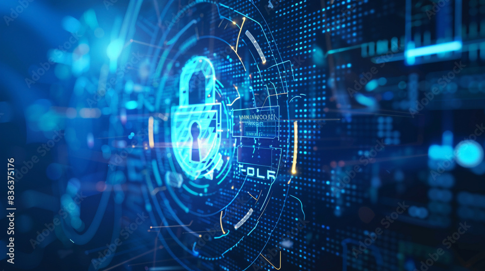 Fototapeta premium Illustration of cybersecurity concept highlighting user privacy security and encryption for secure internet access. Futuristic theme with a screen padlock symbol.