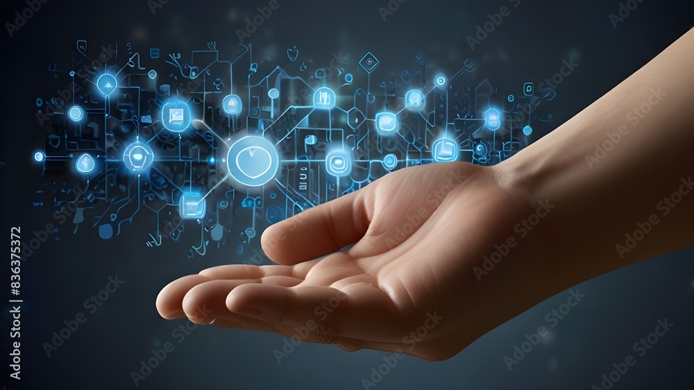 Digital Empowerment: Unleashing Potential at Your Fingertips, AI-generated image of charming and adorable man has futuristic technology on his palm. Digital Empowerment: Unleashing Potential at Your Fingertips, AI-generated image of charming and adorable man has futuristic technology on his palm.