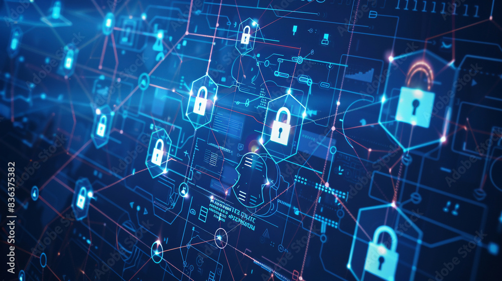 Illustration representing a cyber security concept with padlocks shield icons and firewalls symbolizing protection against cyber attacks set against a Illustration representing a cyber security concept with padlocks shield icons and firewalls symbolizing protection against cyber attacks set against a