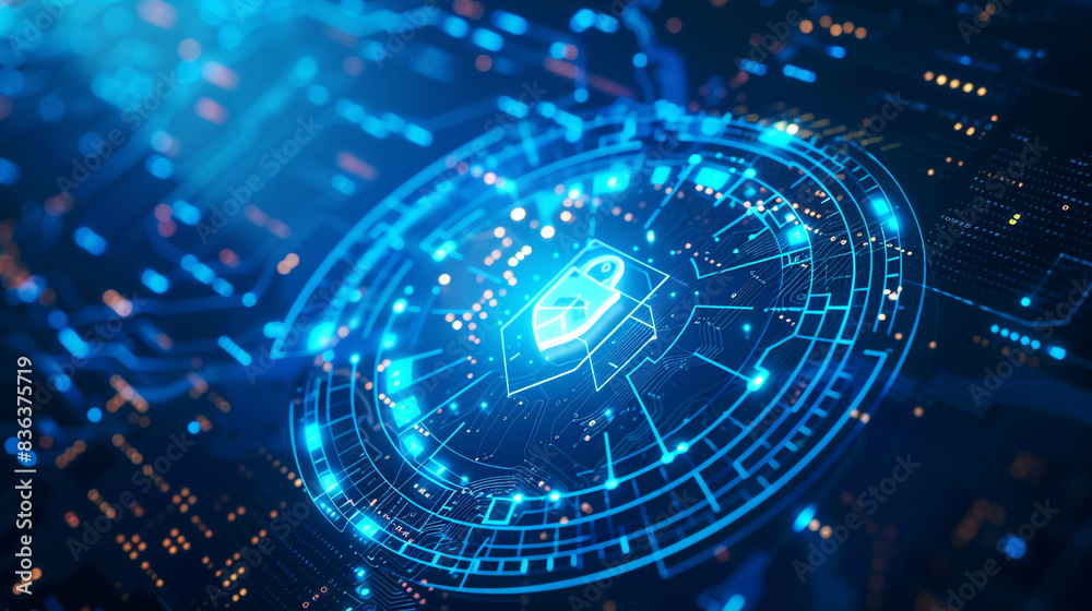 Fototapeta premium Illustration showcasing the cyber security data protection business technology privacy concept featuring an icon security on a virtual display