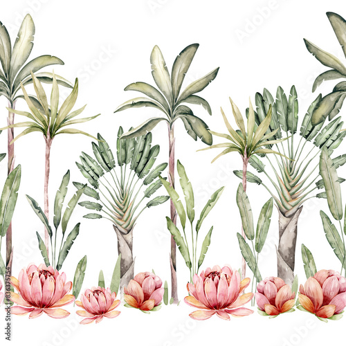 Canvas Print Wild animals watercolor seamless pattern with giraffe and elephant, monkey with cockatoo, parrot savannah with palm trees