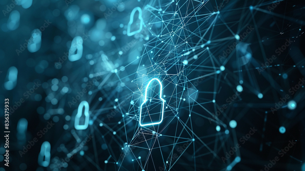 Fototapeta premium Information protection and cyber security concept lock icon and network connections on a modern digital background blue tones emphasizing safety and technology 