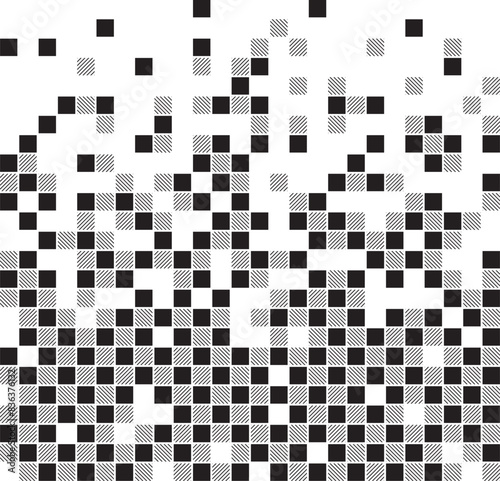 Dispersed background. Disintegration pixel effect illustration. Vector rectangle elements. Disappear transform rectangle texture. Dissolved filled square. Vector graphic.