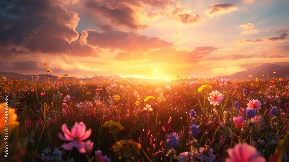 A breathtaking sunrise over a field of wildflowers, with the sun casting a warm glow over the colorful blooms A breathtaking sunrise over a field of wildflowers, with the sun casting a warm glow over the colorful blooms