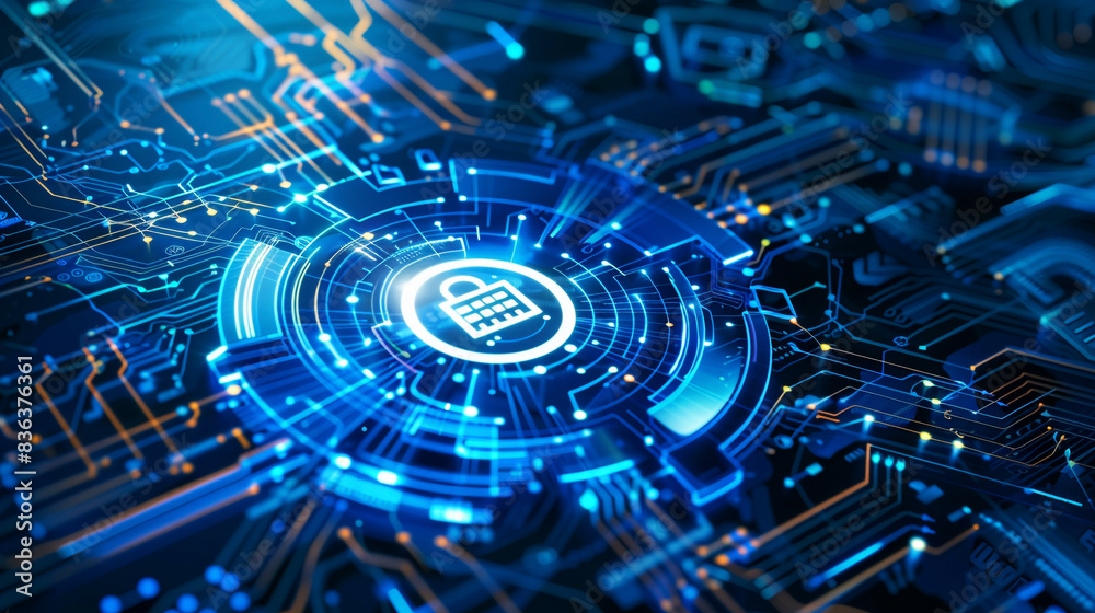 Isometric protection concept featuring a lock and shield mechanism system privacy elements detailed digital background with blue tech design Isometric protection concept featuring a lock and shield mechanism system privacy elements detailed digital background with blue tech design