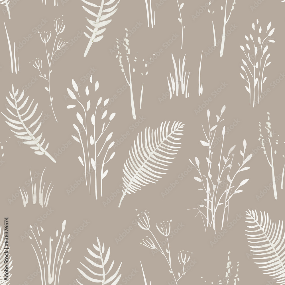 Floral seamless pattern with abstract blue and beige flowers, delicate
