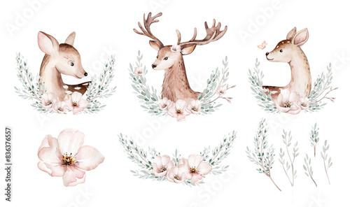 Cute baby deer animal for kindergarten, nursery isolated illustration for children clothing, pattern. WatercolorHand drawn boho image Perfect for phone cases design, nursery posters, postcards photo