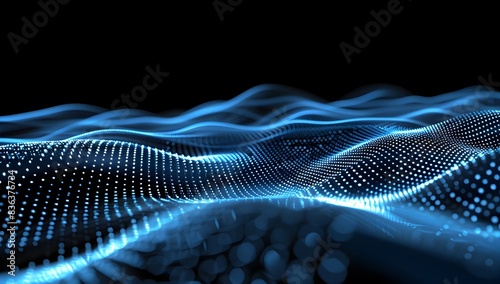 Abstract blue digital background with glowing dots and waves, in the style of AI technology concept, black space for text or design 