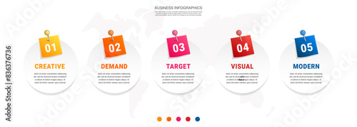 Vector infographic design template. Modern timeline concept with 5 steps, circles. Vector illustration used for diagram, workflow layout, banner, web-design