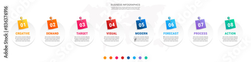 Vector infographic design template. Modern timeline concept with 8 steps, circles. Vector illustration used for diagram, workflow layout, banner, web-design