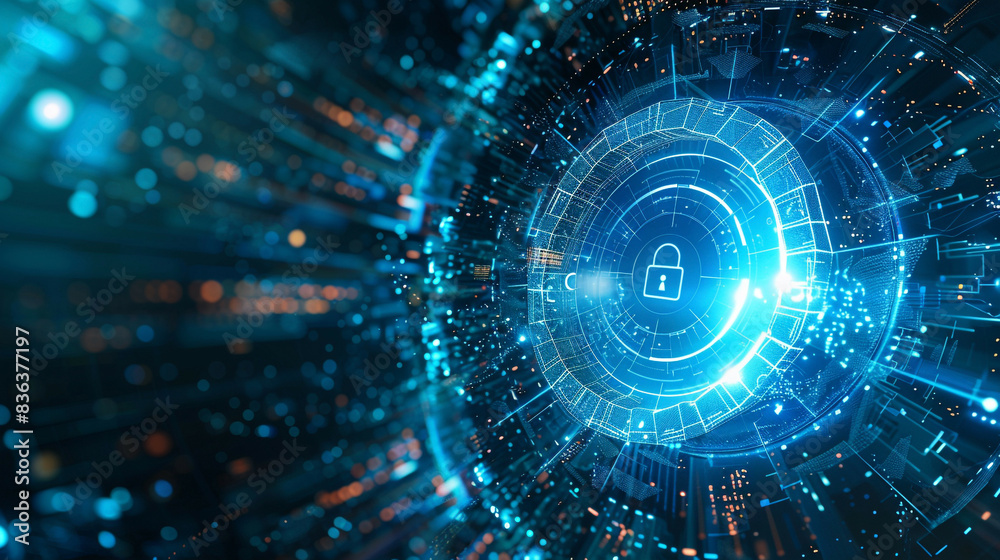 Fototapeta premium Network protection and cybersecurity theme with future technology web services lock symbol and digital elements blue tech background for business and internet projects 