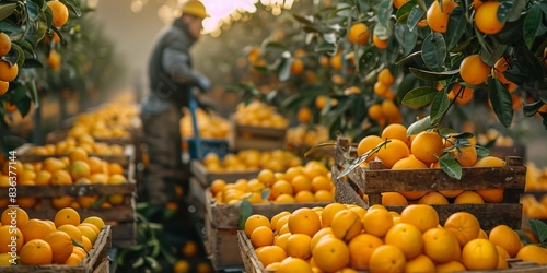 Workers Gathering Oranges at Sunset, generative ai photo