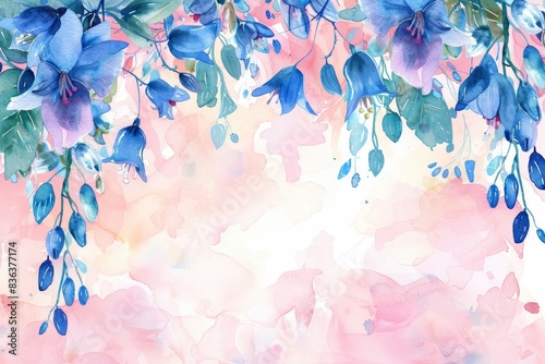 Watercolor illustration of a bluebell in a floral border on a pale pink background