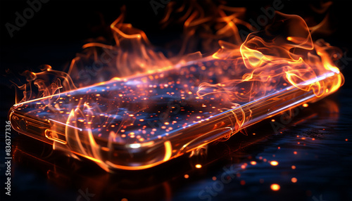 Mobile phone battery overheated burning flames. Smartphone on fire. Burning smartphone with bad battery exploded or overloaded processor Overprocessed photo