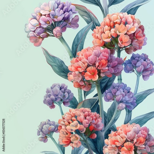 A beautiful watercolor illustration of candytuft in a floral border on a pale turquoise background photo