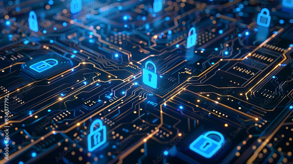 Protection of private information and data with cyber security lock symbols on a blue circuit board firewall against hacker attacks modern tech background Protection of private information and data with cyber security lock symbols on a blue circuit board firewall against hacker attacks modern tech background