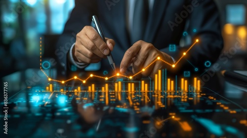 businessman writing on paper with light glow graph dot pop out of paper, business successful Ai modern technology concept