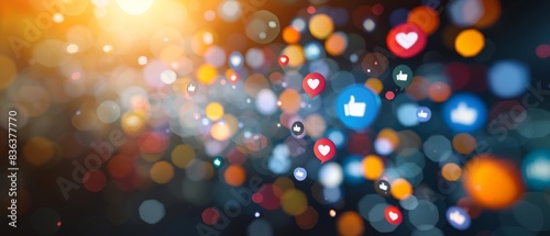 Bright social media icons and colorful bokeh light effects representing online engagement, interaction, and digital communication.