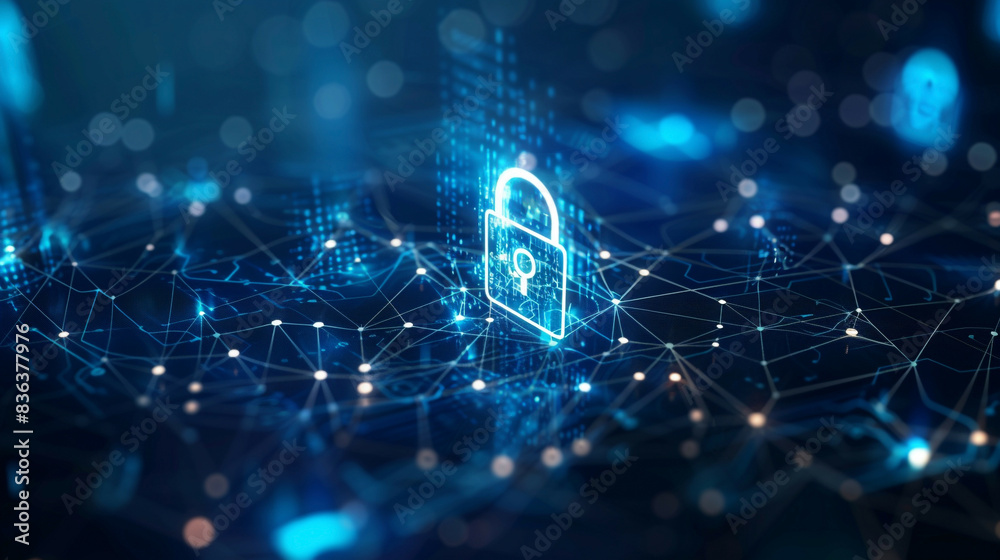 Obraz premium Secure access to personal information and internet cyber security theme with encryption lock icon on a blue tech background detailed network connections 