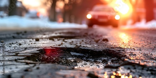 Addressing Road Disrepair Early Morning Maintenance for Potholes. Concept Pothole Patching, Early Morning Repair, Road Maintenance, Addressing Disrepair