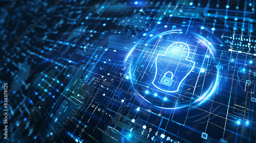 Fototapeta premium Secure digital space with virtual confidential protection programming security concept blue tech background with detailed network and digital elements 