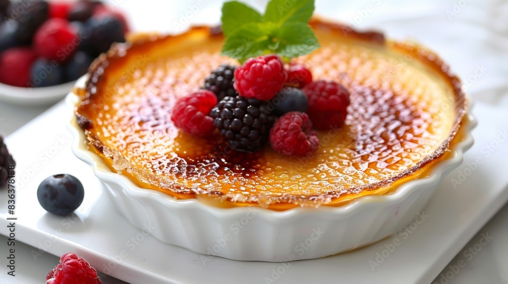 Elegant creme brulee with a caramelized sugar crust, garnished with fresh berries, set on a plain white dish, soft natural lighting Elegant creme brulee with a caramelized sugar crust, garnished with fresh berries, set on a plain white dish, soft natural lighting