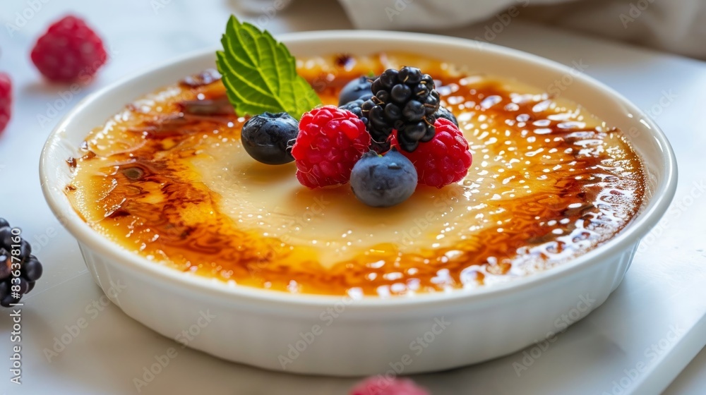 Elegant creme brulee with a caramelized sugar crust, garnished with fresh berries, set on a plain white dish, soft natural lighting Elegant creme brulee with a caramelized sugar crust, garnished with fresh berries, set on a plain white dish, soft natural lighting