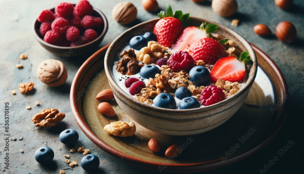 Healthy Breakfast Bowl with Yogurt, Fresh Berries, Granola, and Mixed Nuts on Rustic Ceramic Plate Healthy Breakfast Bowl with Yogurt, Fresh Berries, Granola, and Mixed Nuts on Rustic Ceramic Plate