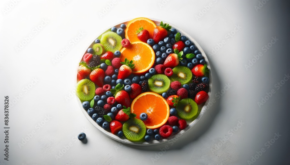Vibrant Platter of Mixed Fruits with Strawberries, Blueberries, Kiwi Slices, and Orange Segments on White Background with Copy Space