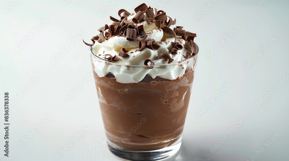 Rich chocolate mousse in a glass, topped with whipped cream and chocolate shavings, plain white background, ideal for dessert ads Rich chocolate mousse in a glass, topped with whipped cream and chocolate shavings, plain white background, ideal for dessert ads