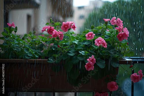 pelargonium plants in the pouring rain, standing in a balcony box outsite the balcony photo