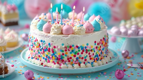 A colorful birthday cake with three candles on top