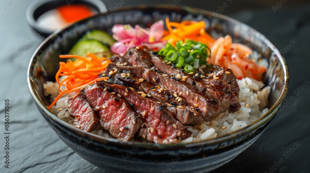 A bowl of food with a piece of meat and vegetables A bowl of food with a piece of meat and vegetables