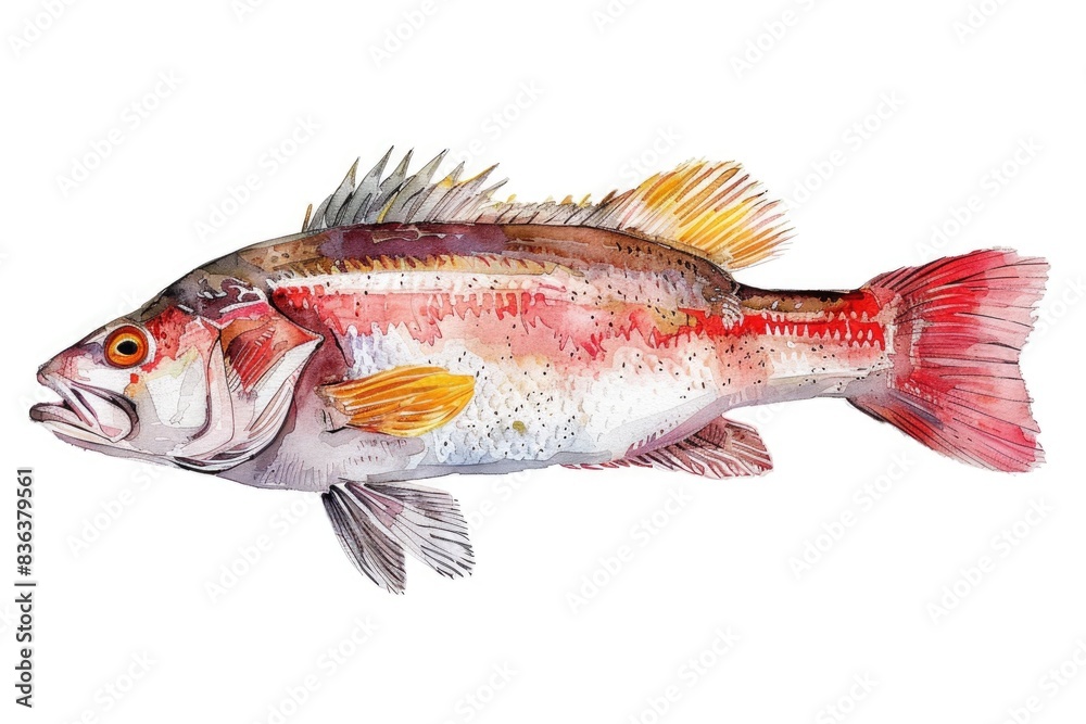 Fototapeta premium Delicious Watercolor Illustration of Freshly Caught Red Sea Perch Seafood